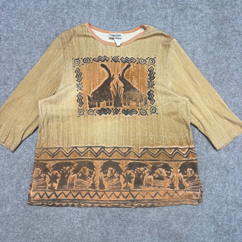 Vintage Niki-Lee California Elephant Safari Graphic Top Tan Brown 1X USA Made